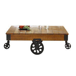 Benzara Plank Style Wooden Cocktail Table with Casters, Brown and Black BM219903 Brown and Black Solid Wood and Metal BM219903