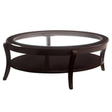 Oval Wooden Cocktail Table with Glass Insert and Open Shelf, Espresso Brown