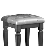 Benzara Wooden Vanity Stool with Leatherette Button Tufted Seat, Gray BM219978 Gray Solid Wood and Leatherette BM219978