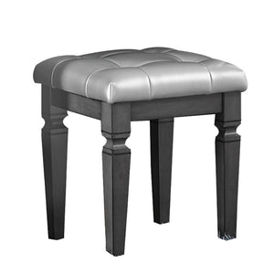 Benzara Wooden Vanity Stool with Leatherette Button Tufted Seat, Gray BM219978 Gray Solid Wood and Leatherette BM219978