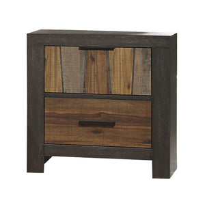 Benzara Plank Style 2 Drawer Wooden Nightstand with Metal Bar Handles, Brown BM220027 Brown Solid Wood and Veneer BM220027