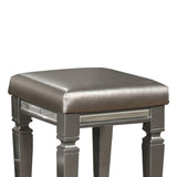 Benzara Faux Leather Padded Vanity Stool with Turned Tapered Legs, Silver BM220072 Silver Solid Wood and Faux Leather BM220072