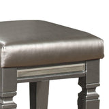 Benzara Faux Leather Padded Vanity Stool with Turned Tapered Legs, Silver BM220072 Silver Solid Wood and Faux Leather BM220072