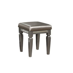 Benzara Faux Leather Padded Vanity Stool with Turned Tapered Legs, Silver BM220072 Silver Solid Wood and Faux Leather BM220072