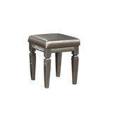 Faux Leather Padded Vanity Stool with Turned Tapered Legs, Silver