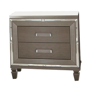 Benzara Textured Front 2 Drawer Nightstand with Beveled Mirror Trim, Silver BM220073 Silver Solid Wood and Engineered Wood BM220073