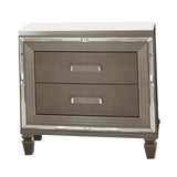 Textured Front 2 Drawer Nightstand with Beveled Mirror Trim, Silver