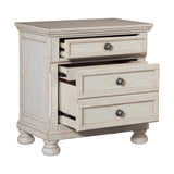 Benzara Cottage 2 Drawer Nightstand with Molded Details and Bun feet, Antique White BM220093 White Solid Wood, Veneer and Engineered Wood BM220093