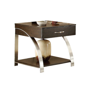 Benzara 1 Drawer End Table with Open Shelf and Stainless Steel Legs, Espresso Brown BM220113 Brown Solid Wood, Veneer, Metal and Engineered Wood BM220113