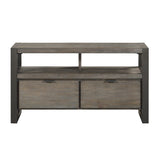 Benzara Rustic 2 Drawer TV Stand with Metal Base and Open Compartments, Dark Gray BM220135 Gray Solid Wood, Veneer and Engineered Wood BM220135