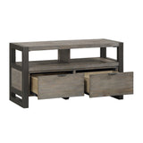 Benzara Rustic 2 Drawer TV Stand with Metal Base and Open Compartments, Dark Gray BM220135 Gray Solid Wood, Veneer and Engineered Wood BM220135