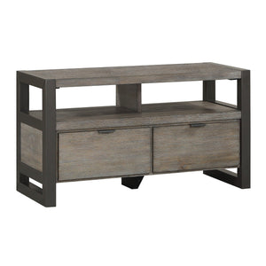 Benzara Rustic 2 Drawer TV Stand with Metal Base and Open Compartments, Dark Gray BM220135 Gray Solid Wood, Veneer and Engineered Wood BM220135