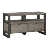 Benzara Rustic 2 Drawer TV Stand with Metal Base and Open Compartments, Dark Gray BM220135 Gray Solid Wood, Veneer and Engineered Wood BM220135