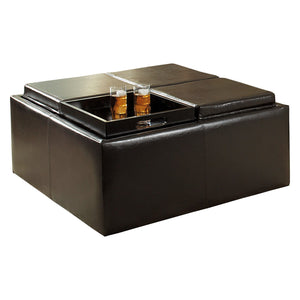 Benzara Square Shape Leatherette Cocktail Ottoman with Removable Tray, Dark Brown BM220141 Brown Solid Wood, Faux Leather BM220141