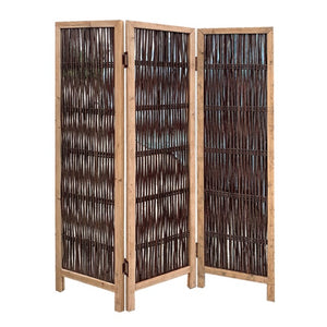 Benzara Transitional 3 Panel Wooden Screen with Weaved Design, Brown BM220179 Brown Solid Wood BM220179