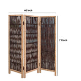 Benzara Transitional 3 Panel Wooden Screen with Weaved Design, Brown BM220179 Brown Solid Wood BM220179