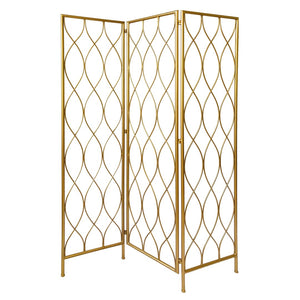 Benzara 3 Panel Metal Frame Screen with Twisted Oval Design, Gold BM220188 Gold Metal BM220188