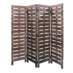 Benzara 4 Panel Wooden Room Divider with Horizontal Planks, Brown BM220190 Brown Solid Wood BM220190