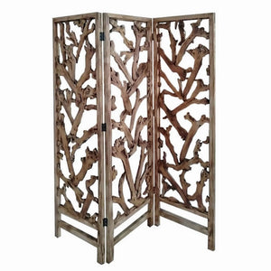 Benzara 3 Panel Wooden Screen with Mulberry Alpine Like Branches Design, Brown BM220198 Brown Solid Wood BM220198