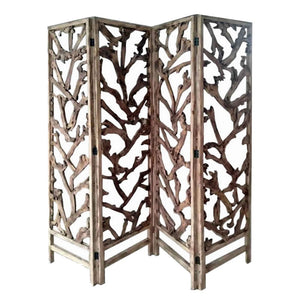 Benzara 4 Panel Wooden Screen with Mulberry Alpine Like Branches Design, Brown BM220199 Brown Solid Wood BM220199