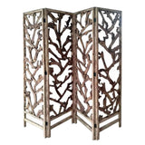 4 Panel Wooden Screen with Mulberry Alpine Like Branches Design, Brown