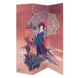 3 Panel Wooden Screen with Artistically Crafted Artwork, Multicolor