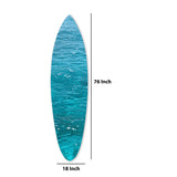 Benzara Wooden Surfboard Wall Art with Ocean Print, Glossy Blue BM220214 Blue Solid Wood BM220214