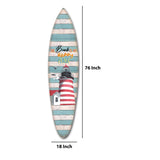Benzara Wooden Surfboard Wall Art with Lighthouse Print and Typography, Multicolor BM220215 Multicolor Solid Wood BM220215