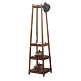 Wooden Frame Hall Stand with 8 Dual Hooks and 3 Shelves, Cherry Brown