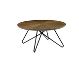 Benzara Dual Tone Round Wooden Coffee Table with Metal Hairpin Legs,Brown and Black BM220246 Brown Solid Wood and Metal BM220246