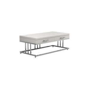 Benzara 2 Drawer Glossy Rectangular Coffee Table with Casters, White and Silver BM220253 White, Silver Metal and MDF BM220253