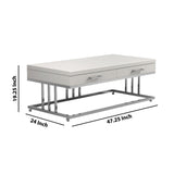 Benzara 2 Drawer Glossy Rectangular Coffee Table with Casters, White and Silver BM220253 White, Silver Metal and MDF BM220253