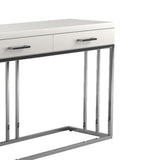 Benzara 2 Drawer Glossy Rectangular Sofa Table with Metal Base, White and Silver BM220254 White, Silver Metal and MDF BM220254