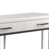 Benzara 2 Drawer Glossy Rectangular Sofa Table with Metal Base, White and Silver BM220254 White, Silver Metal and MDF BM220254