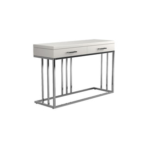 Benzara 2 Drawer Glossy Rectangular Sofa Table with Metal Base, White and Silver BM220254 White, Silver Metal and MDF BM220254