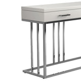 Benzara 2 Drawer Glossy Rectangular Sofa Table with Metal Base, White and Silver BM220254 White, Silver Metal and MDF BM220254