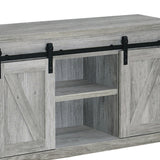 Benzara 48 Inch Farmhouse Wooden TV Console With 2 Sliding Barn Doors, Gray BM220260 Gray MDF, Particle Board, Metal BM220260