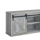 Benzara 59 Inch Farmhouse Wooden TV Console With 2 Sliding Barn Doors, Gray BM220261 Gray MDF, Particle Board, Metal BM220261