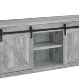 Benzara 59 Inch Farmhouse Wooden TV Console With 2 Sliding Barn Doors, Gray BM220261 Gray MDF, Particle Board, Metal BM220261