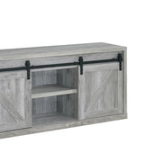 Benzara 59 Inch Farmhouse Wooden TV Console With 2 Sliding Barn Doors, Gray BM220261 Gray MDF, Particle Board, Metal BM220261