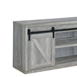 Benzara 71 Inch Farmhouse Wooden TV Console With 2 Sliding Barn Doors, Gray BM220262 Gray MDF, Particle Board, Metal BM220262