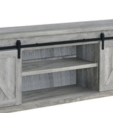 Benzara 71 Inch Farmhouse Wooden TV Console With 2 Sliding Barn Doors, Gray BM220262 Gray MDF, Particle Board, Metal BM220262