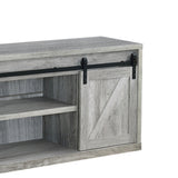 Benzara 71 Inch Farmhouse Wooden TV Console With 2 Sliding Barn Doors, Gray BM220262 Gray MDF, Particle Board, Metal BM220262