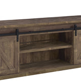 Benzara 71 Inch Farmhouse Wooden TV Console With 2 Sliding Barn Doors, Rustic Brown BM220265 Brown MDF, Particle Board, Metal BM220265