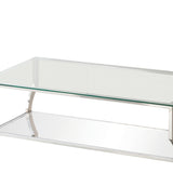 Benzara Glass Top Coffee Table with Metal Frame and Mirror Shelf, Chrome BM220278 Chrome Metal, Glass and Mirror BM220278