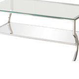 Benzara Glass Top Coffee Table with Metal Frame and Mirror Shelf, Chrome BM220278 Chrome Metal, Glass and Mirror BM220278