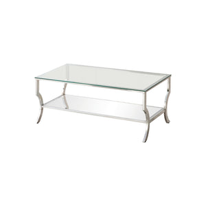 Benzara Glass Top Coffee Table with Metal Frame and Mirror Shelf, Chrome BM220278 Chrome Metal, Glass and Mirror BM220278