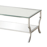 Benzara Glass Top Coffee Table with Metal Frame and Mirror Shelf, Chrome BM220278 Chrome Metal, Glass and Mirror BM220278