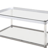 Benzara Acrylic Frame Coffee Table with Glass Top and Bottom Shelf,Clear and Chrome BM220281 Chrome and Clear Acrylic and Tempered Glass BM220281