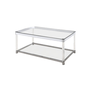 Benzara Acrylic Frame Coffee Table with Glass Top and Bottom Shelf,Clear and Chrome BM220281 Chrome and Clear Acrylic and Tempered Glass BM220281